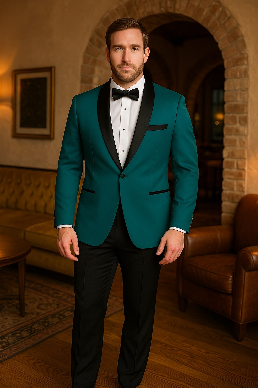 Teal Velvet Tuxedo for Men  One Button Black Satin Lapel Formal Suit with Bow Tie