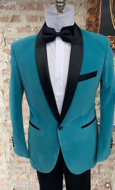Teal Velvet Tuxedo for Men  One Button Black Satin Lapel Formal Suit with Bow Tie