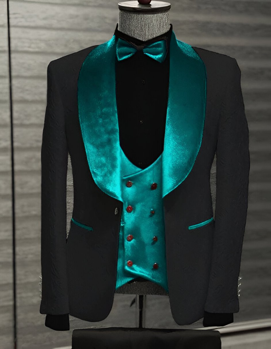 50 Black and Teal Blue Tuxedo Wedding Groom Suit Bowtie Vest