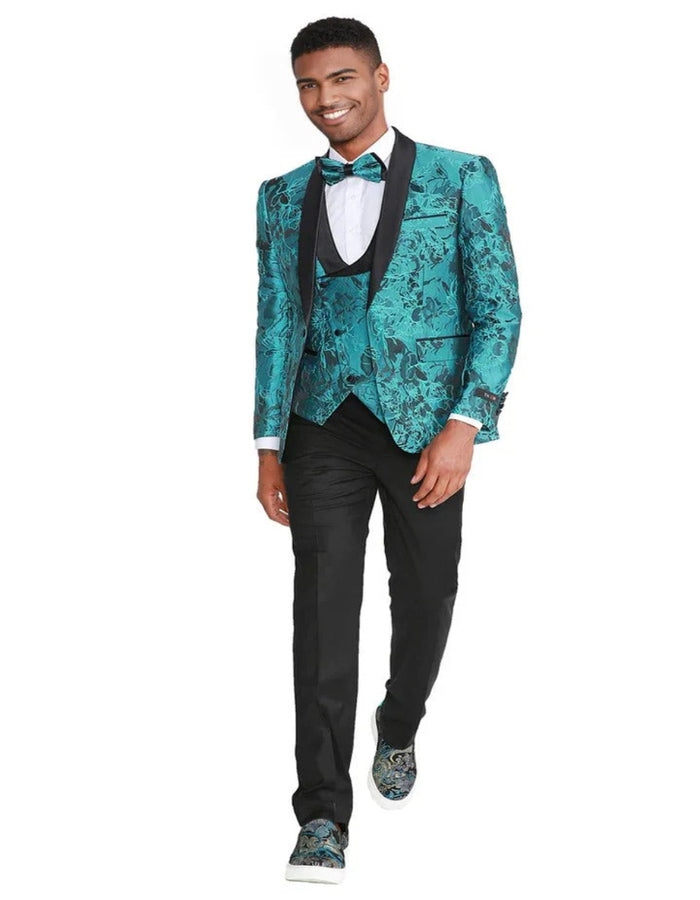 Blue Wedding Tuxedo - Men's Slim Fit One Button Vested Paisley Shawl Lapel Turquoise Prom Tuxedo