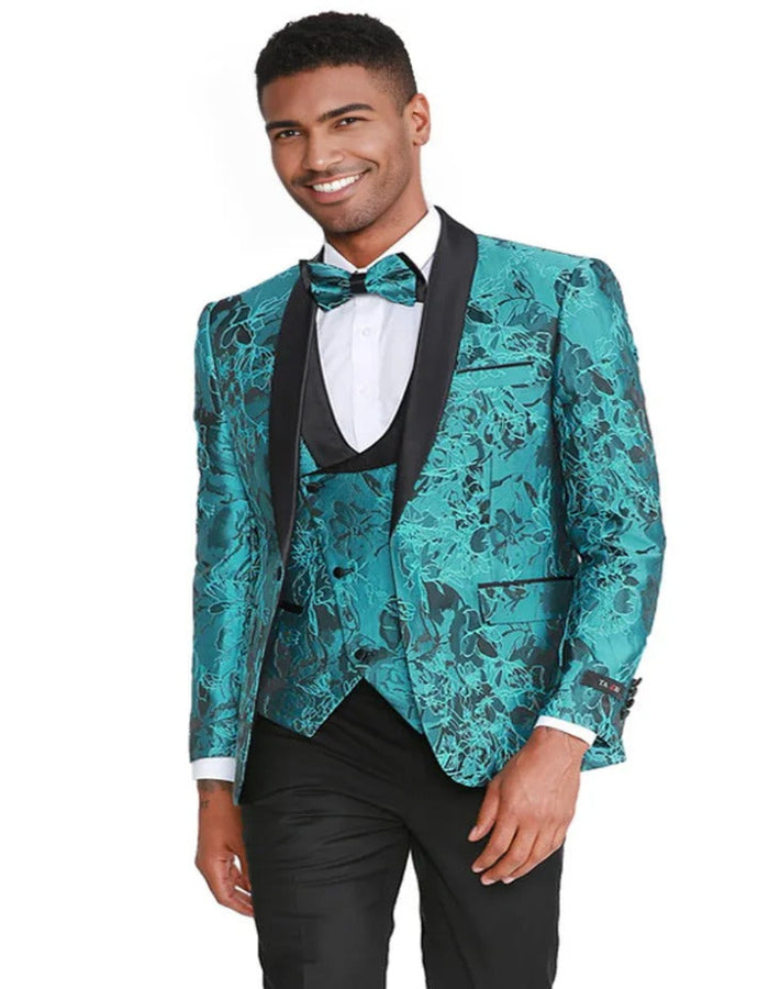 Blue Wedding Tuxedo - Men's Slim Fit One Button Vested Paisley Shawl Lapel Turquoise Prom Tuxedo