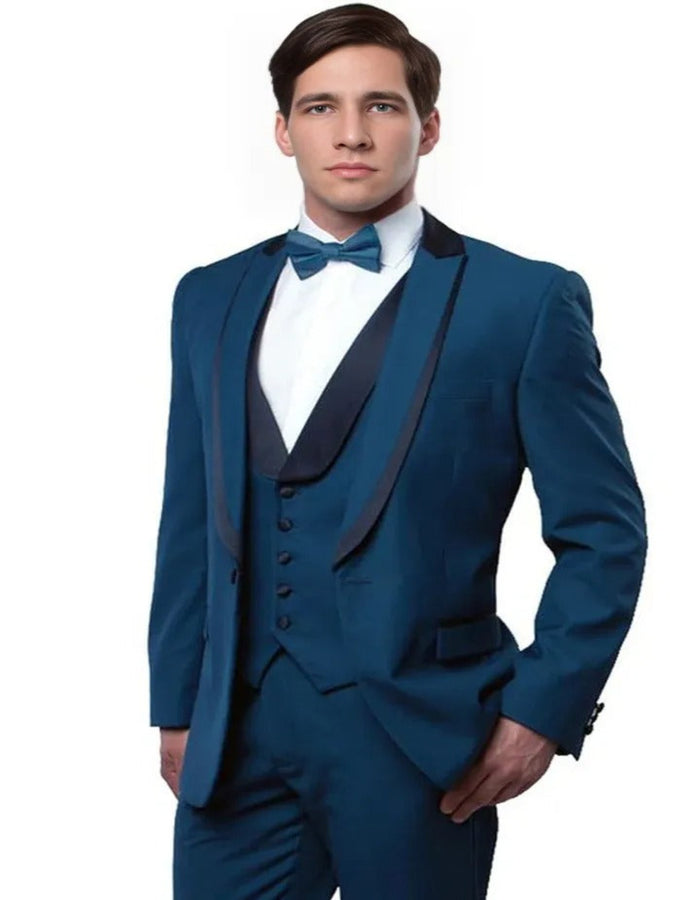 Blue Wedding Tuxedo - Men's One Button Satin Trimmed Peak Lapel Vested Teal Blue Fancy Tuxedo