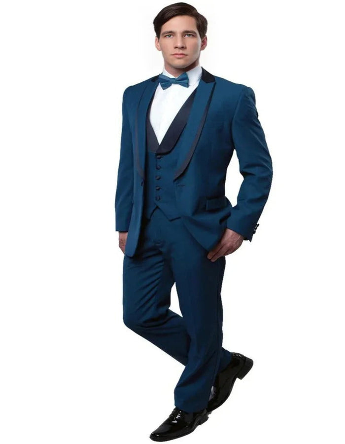 Blue Wedding Tuxedo - Men's One Button Satin Trimmed Peak Lapel Vested Teal Blue Fancy Tuxedo
