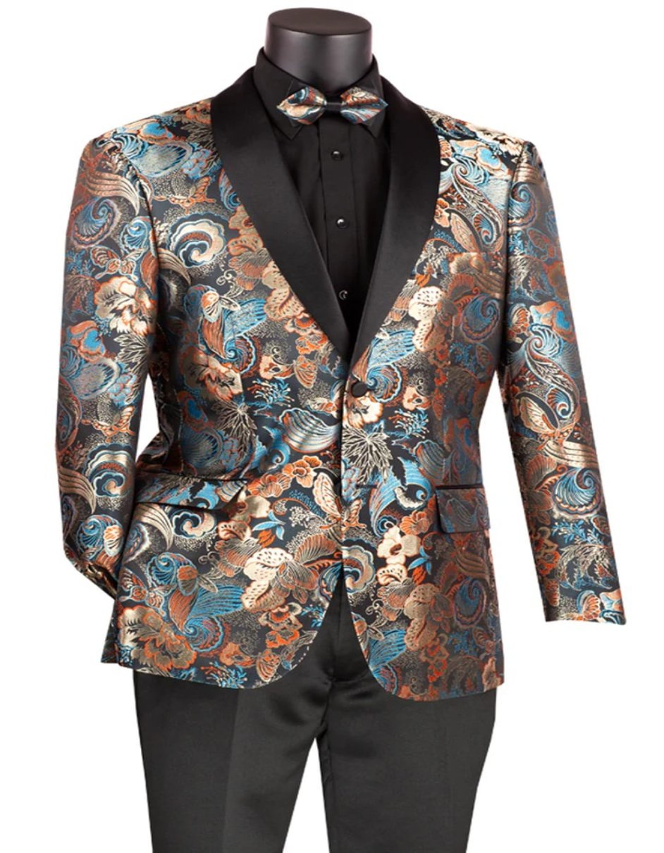 Men's Modern Fit Japanese Paisley Print Teal Green Tuxedo