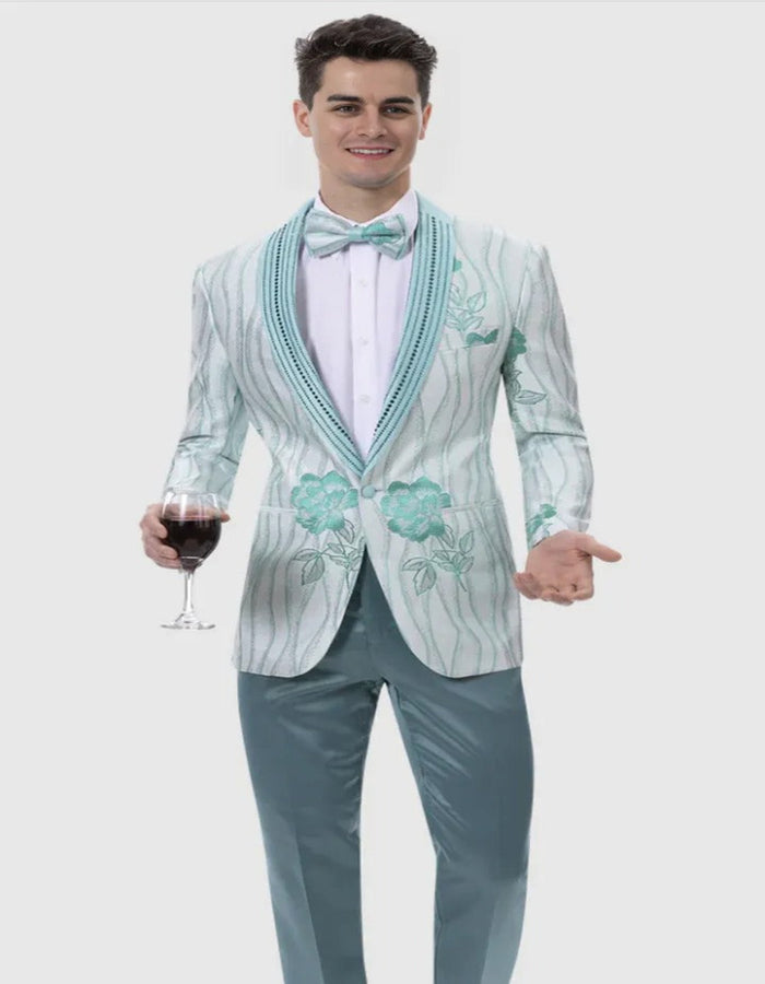 Blue Wedding Tuxedo - Mens Wave and Flower Pattern Studded Shawl Teal Prom Tuxedo