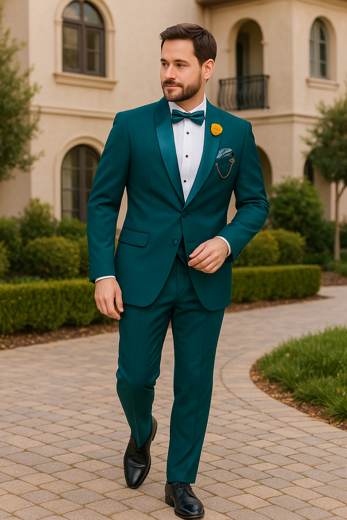 Mens Teal Tuxedo Shawl Collar - Sateen Collar in Teal Blue Color Suit