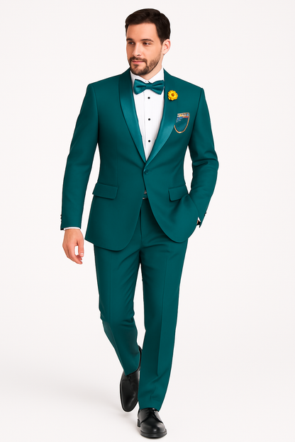 Mens Teal Tuxedo Shawl Collar - Sateen Collar in Teal Blue Color Suit