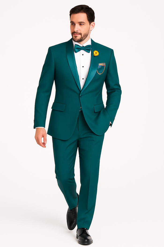 Mens Teal Tuxedo Shawl Collar - Sateen Collar in Teal Blue Color Suit