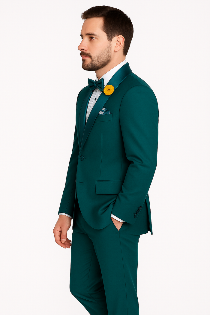 Mens Teal Tuxedo Shawl Collar - Sateen Collar in Teal Blue Color Suit