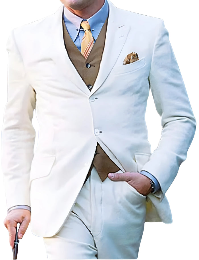 Buy a white three-piece suit with a brown waistcoat and tie