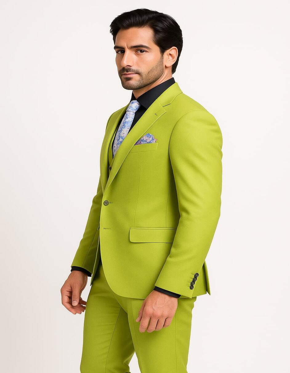Men's Lime Green Three-Piece Suit with Floral Tie  Slim Fit Tuxedo for Weddings & Parties