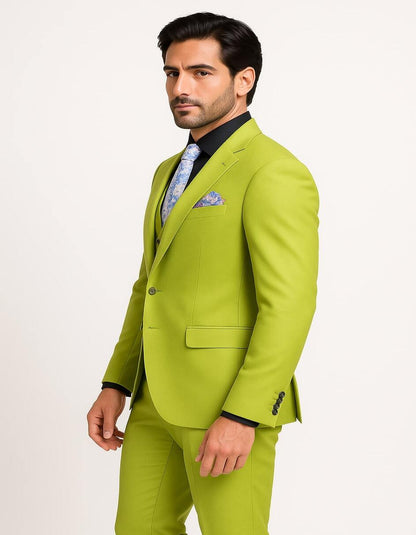 Men's Lime Green Three-Piece Suit with Floral Tie  Slim Fit Tuxedo for Weddings & Parties