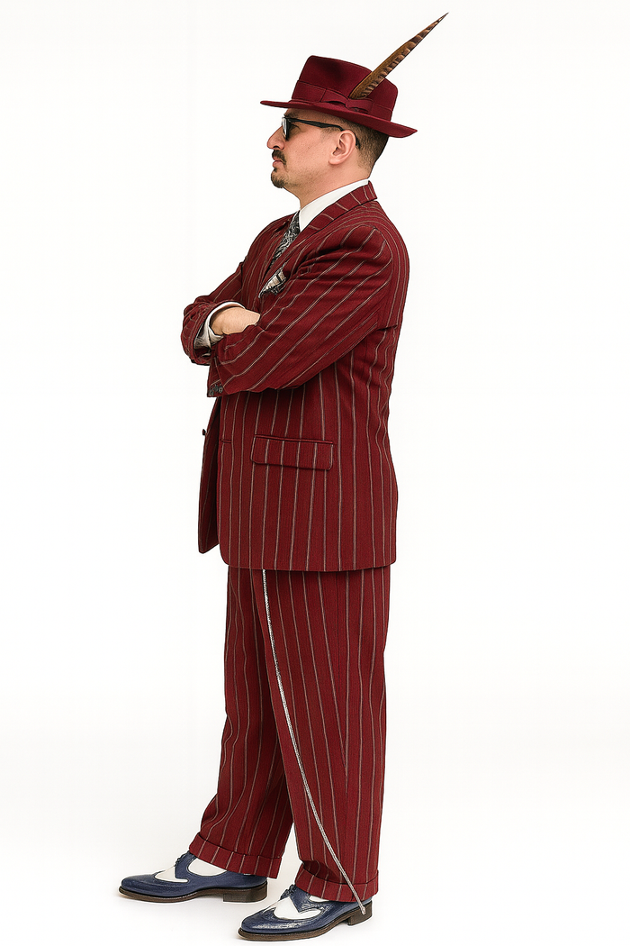 Burgundy Pinstripe Zoot Suit  3 Piece 1920s/1930s Gangster Outfit (Jacket and Pants and Vest) Vintage Fashion