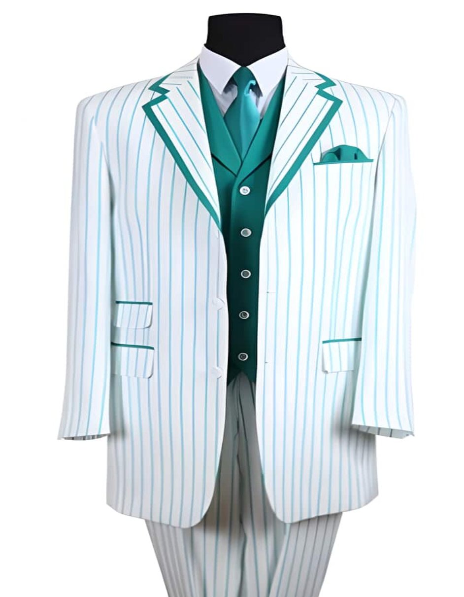 35 Inch White/Turquoise Seersucker Summer Pattern Vested 3 ~ Three Piece Tuxedo Pinstripe Striped Prom ~ Wedding Groomsmen Three Button Zoot Suit - Pimp Suit - Zuit Suit - Men's Tuxedo USA