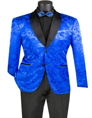 Blue Wedding Tuxedo - Mens Slim fit Silky Jacquard Tonal Paisley Print Royal blue Prom Blazer