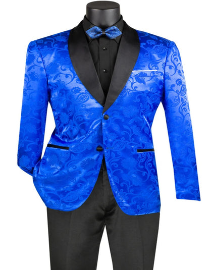 Blue Wedding Tuxedo - Mens Slim fit Silky Jacquard Tonal Paisley Print Royal blue Prom Blazer