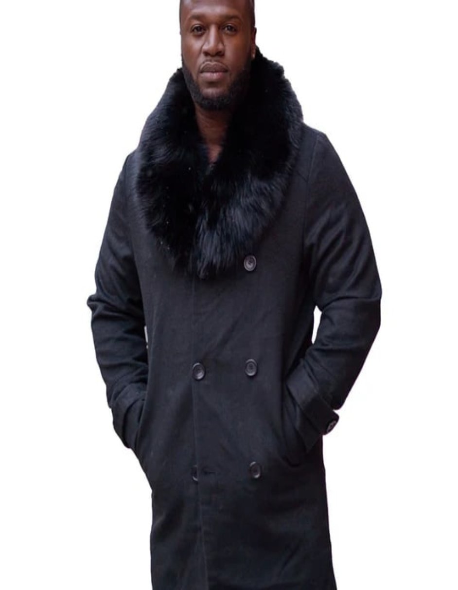 Coat Mens Peacoat With Fur Collar Black Wool Coat