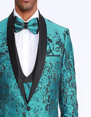 Turquoise Tuxedo With Floral Pattern Four Piece Set - Wedding - Prom - Men's Tuxedo USA