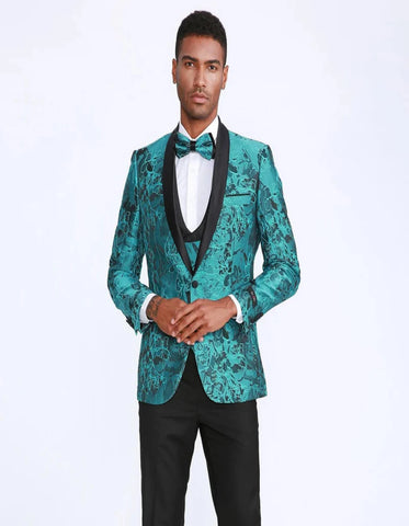 Turquoise Tuxedo With Floral Pattern Four Piece Set - Wedding - Prom - Men's Tuxedo USA