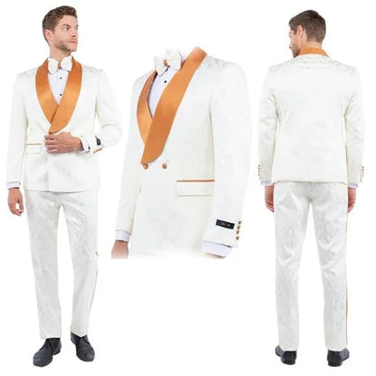 New Paisely Skinny Fit  Double-Breasted By Tazio, Ivory & Rustic Orange Tuxedo - Men's Tuxedo USA