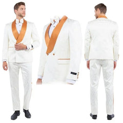 New Paisely Skinny Fit  Double-Breasted By Tazio, Ivory & Rustic Orange Tuxedo - Men's Tuxedo USA