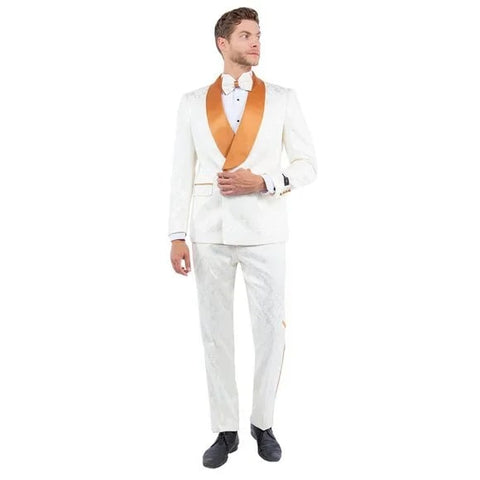 New Paisely Skinny Fit  Double-Breasted By Tazio, Ivory & Rustic Orange Tuxedo - Men's Tuxedo USA