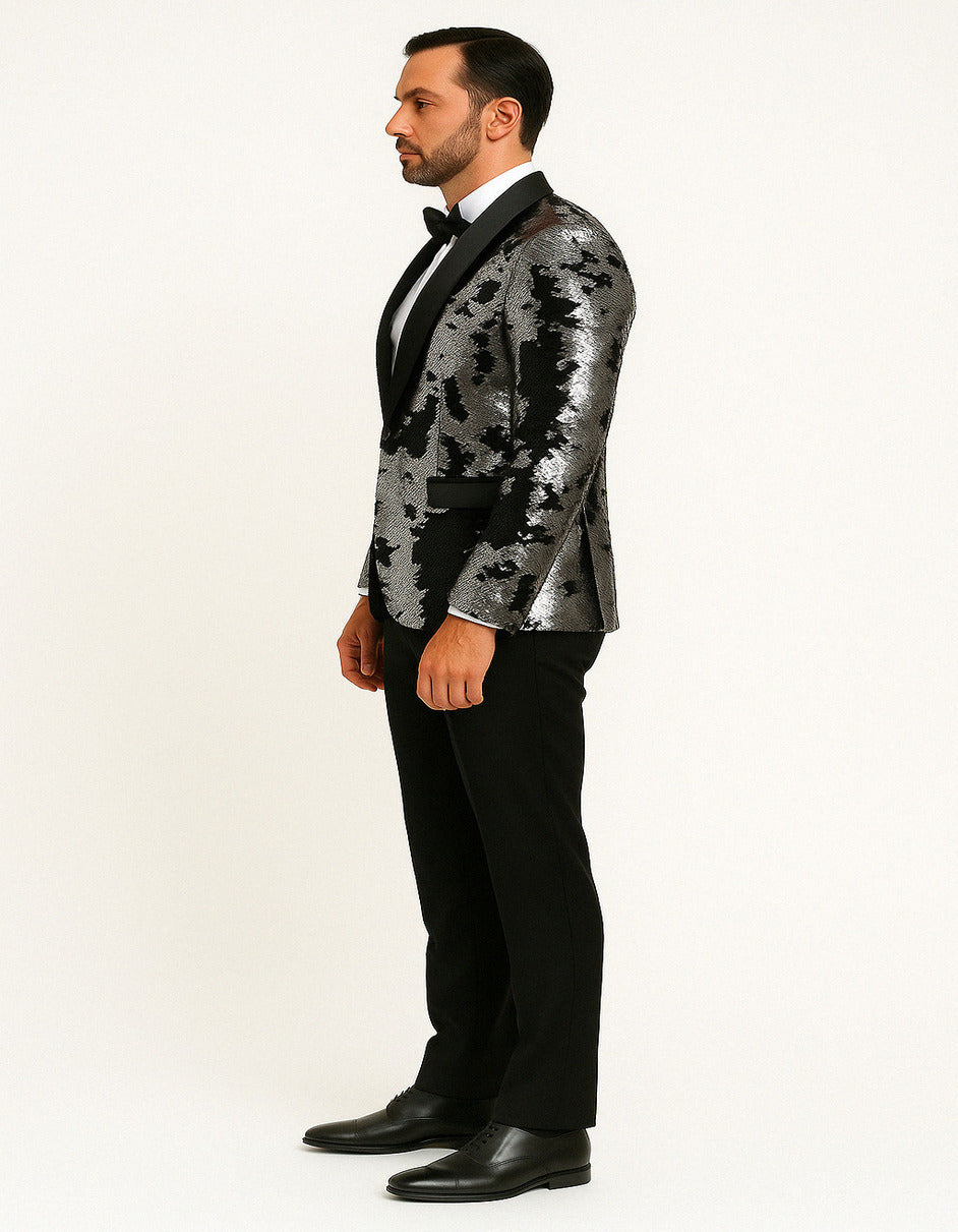 Black & Silver Gray Sequin Tuxedo Jacket for Men  Paired with Black Pants