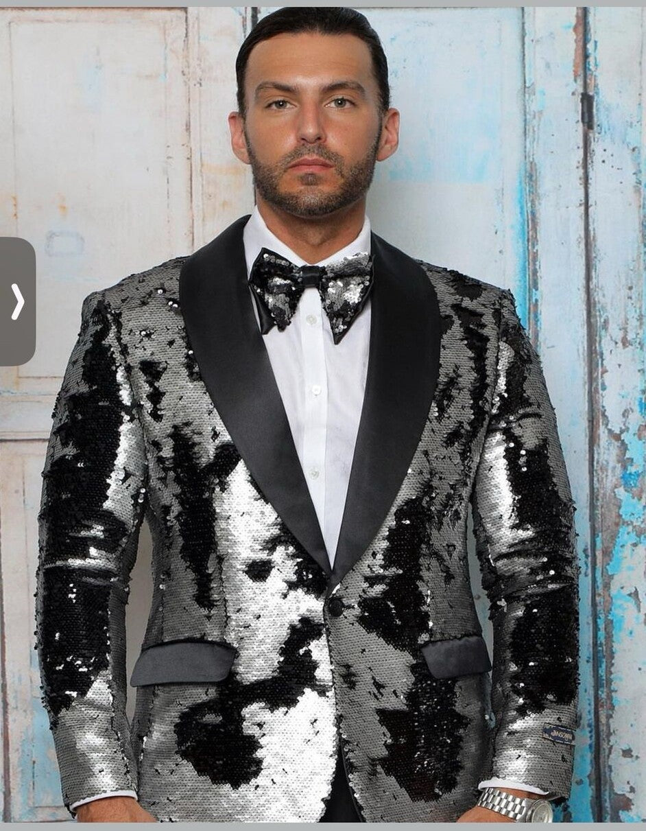 Black & Silver Gray Sequin Tuxedo Jacket for Men  Paired with Black Pants