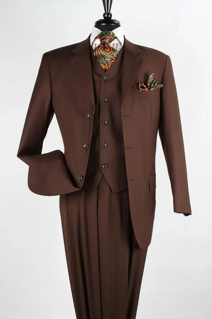 Mens Chocolate Brown 3-Piece Classic Fit Suit  Three-Button Jacket with Pleated Pants