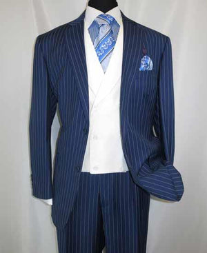 Men's 2 Button Chalk Bold Stripe ~ Pinstripe Blue  Shawl Collar 1920's 30's Fashion Vintage Pattern No Vest Included Suit