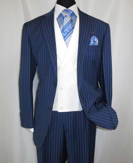 Men's 2 Button Chalk Bold Stripe ~ Pinstripe Blue  Shawl Collar 1920's 30's Fashion Vintage Pattern No Vest Included Suit