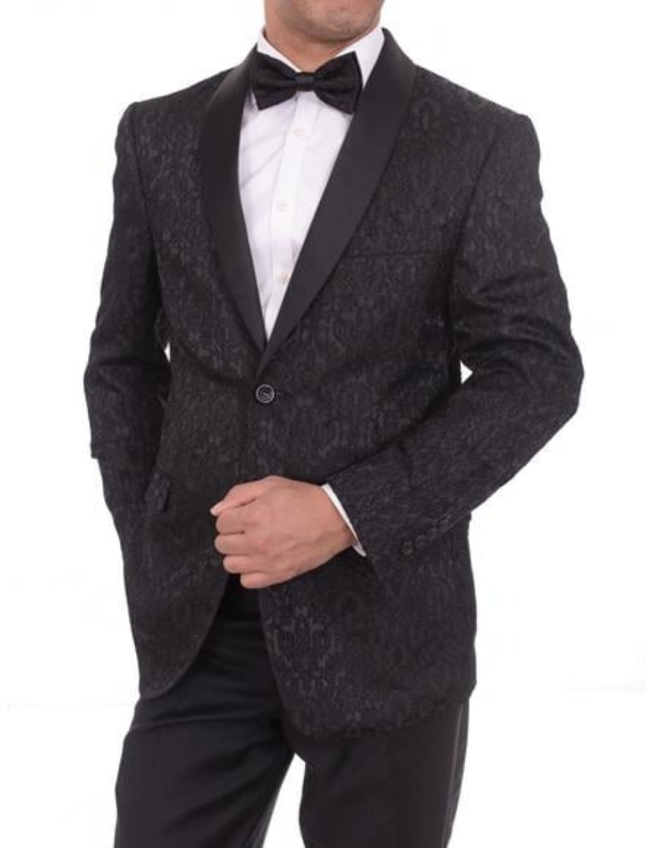 Men's 2 Buttons Floral Black Satin Shawl Lapel Slim Fit Cheap Priced Blazer Jacket For Mens Sportcoat