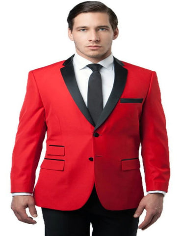 Mens Slim Fit Two Button Notch Lapel Side Vent Tuxedo Jacket in Red and Black