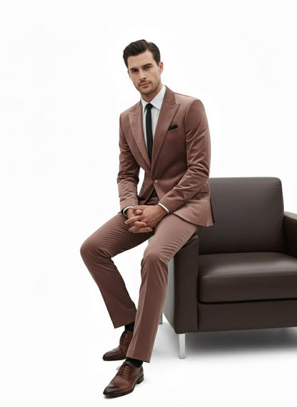 Mens Mauve Velvet Suit  2 Piece Ultra Slim Fit Blazer and Pants Formal Set in Light Brown Tuxedo