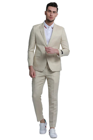 Men's Two Button Peak Lapel Summer Linen Style Beach Wedding Suit in Tan - Men's Tuxedo USA