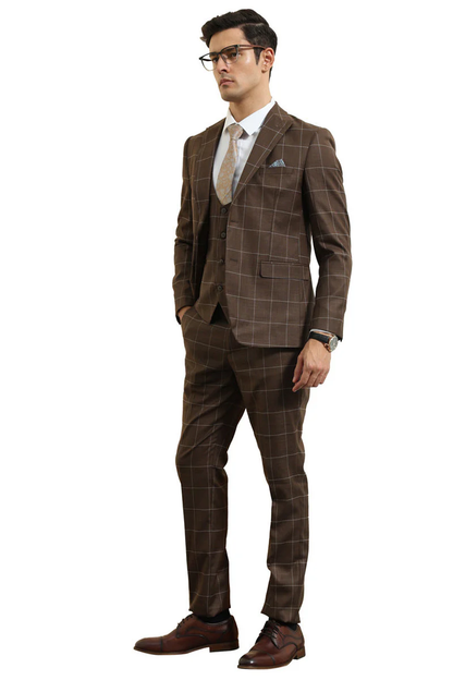 Mens Slim Fit Two Button Peak Lapel Vested Suit in Brown Windowpane Plaid