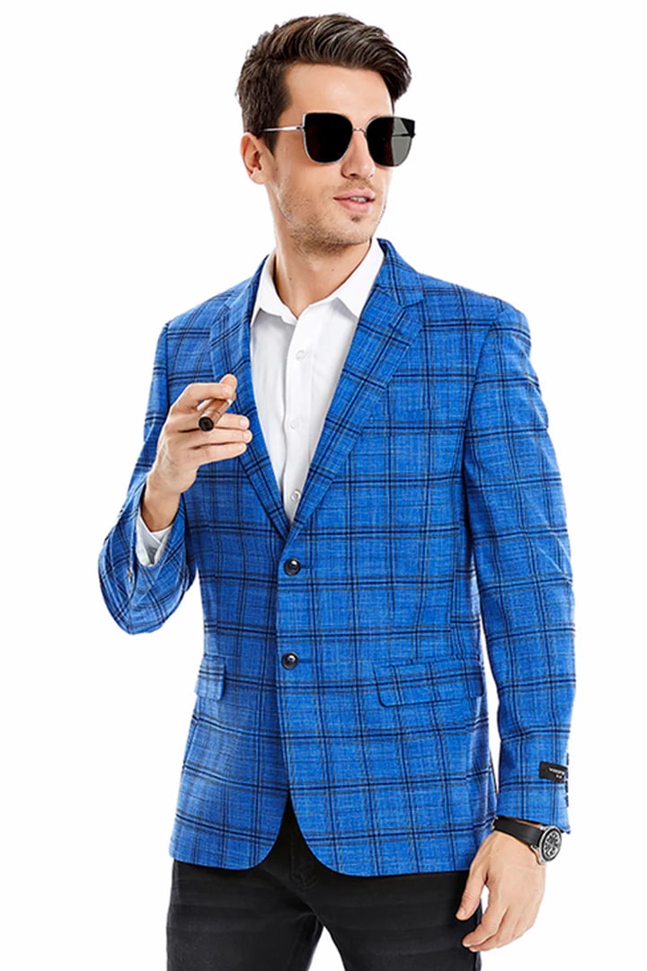 Saco vaquero - Western Sport Coat - Western Blazer - Men's Two Button Slim Fit Glen Plaid Sport Coat Blazer In Royal Blue
