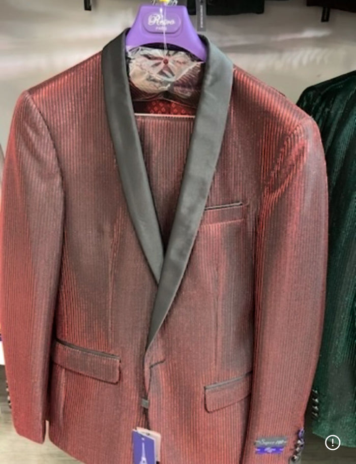 Men's Burgundy Shiny Tuxedo with Black Satin Shawl Lapel  Ultra Slim Fit Party & Prom Suit