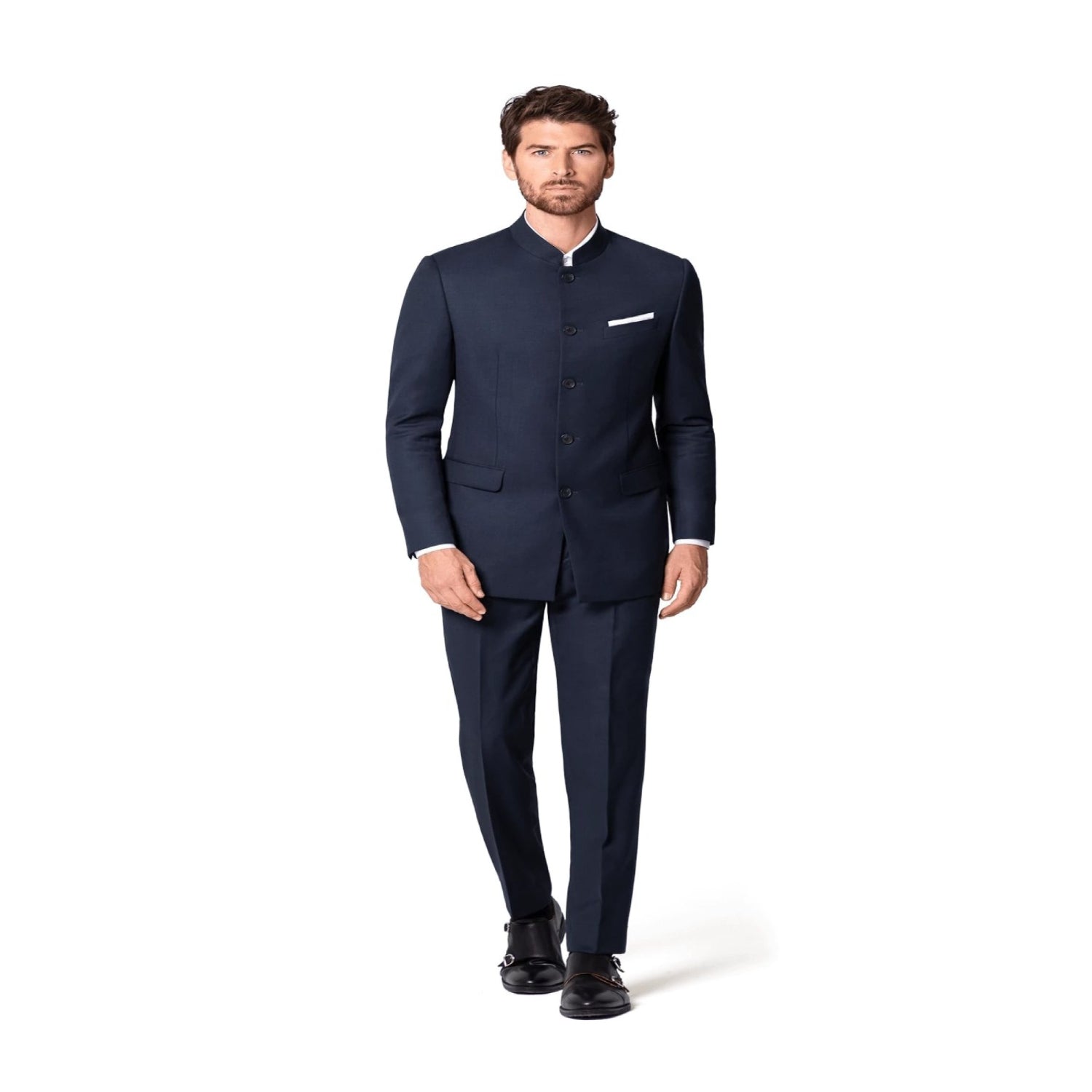 Mandarin Suit - Navy Blue Color Banded Collar Suit - Chines Collar in Color Dark Blue