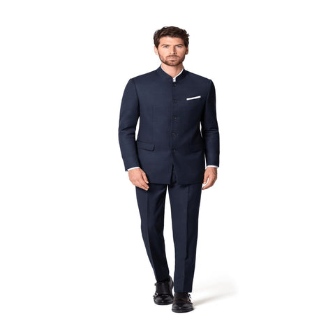 Mandarin Suit - Navy Blue Color Banded Collar Suit - Chines Collar in Color Dark Blue