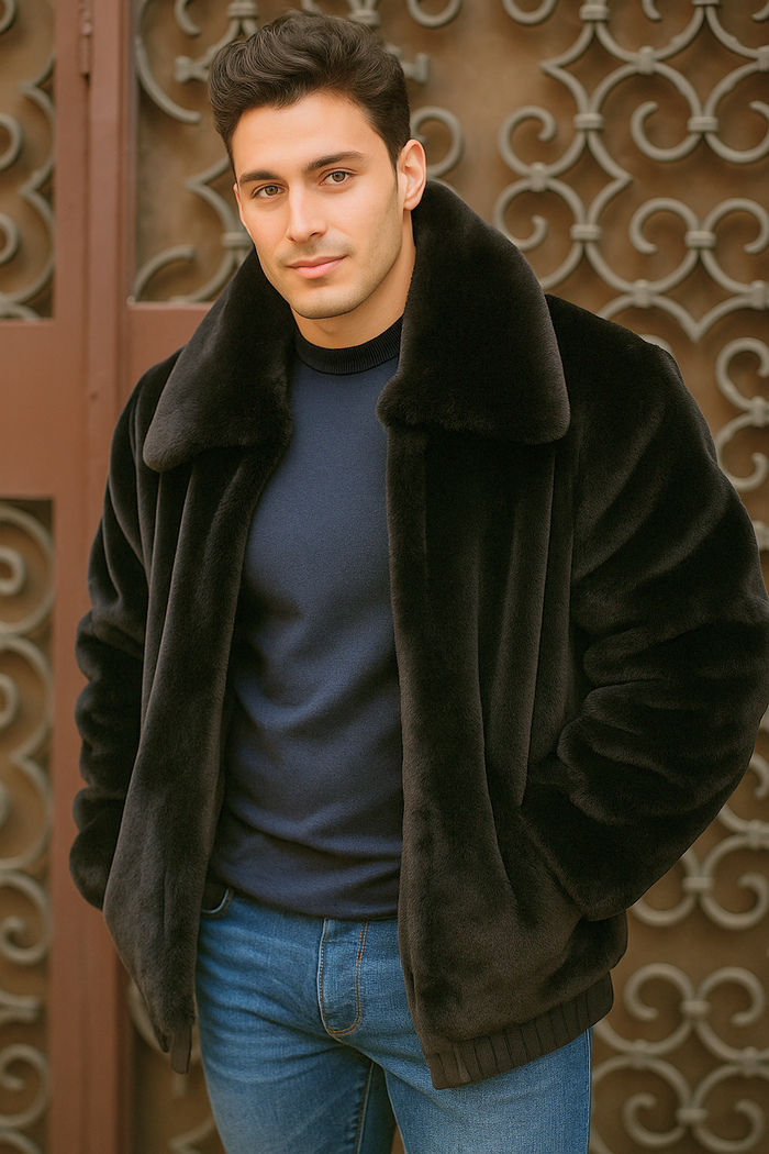Men's Black Faux Fur Overcoat  Fuzzy Warm Winter Jacket Style