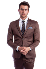 sharkskin-slim-fit-mens-suit-two-button-light-brown-cognac-black-lapel-trim