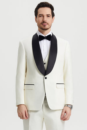Men's Stacy Adams Vested One Button Shawl Lapel Designer Tuxedo in Ivory