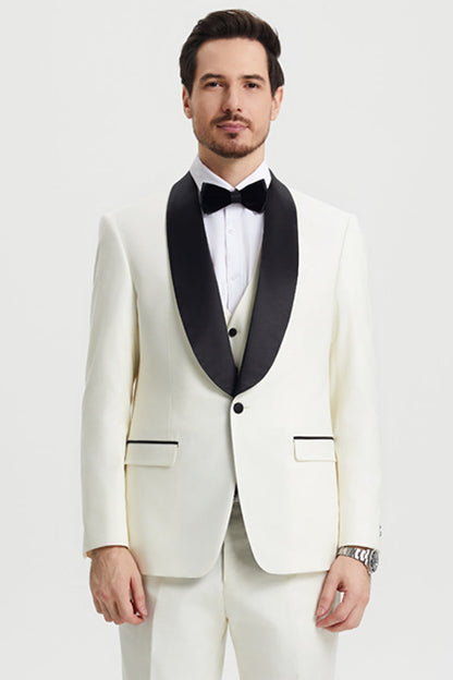 Men's Stacy Adams Vested One Button Shawl Lapel Designer Tuxedo in Ivory