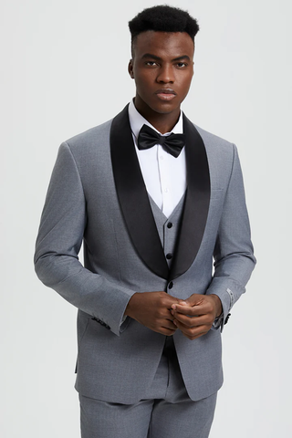 Mens Gray Tuxedo - Grey Wedding Suit-Mens  Stacy Adams Vested  One Button  Shawl Lapel Designer Tuxedo In  Grey