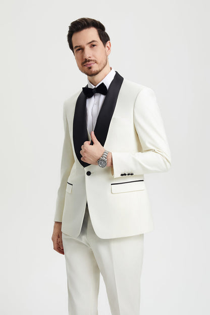 Men's Stacy Adams Vested One Button Shawl Lapel Designer Tuxedo in Ivory