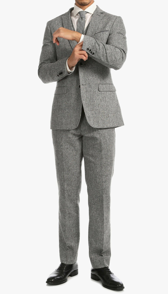 Men’s Grey Tweed Three Piece Suit – Vintage British Fabric Slim Fit Wedding & Business Wear