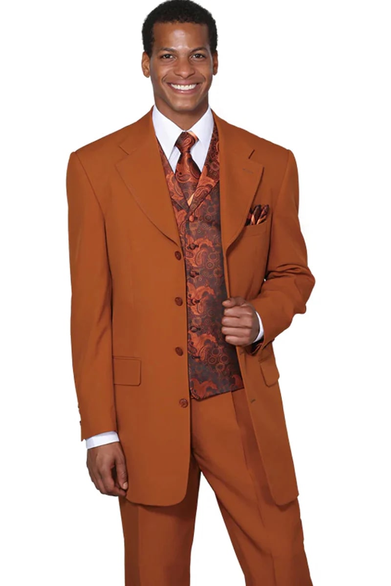 Mens Rust 4-Button Long Fashion Suit with Paisley Vest