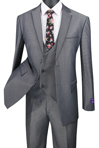 Mens Gray Tuxedo - Grey Wedding Suit-Mens Modern Fit Tuxedo Suit With Double Brested Vest And Satin Trim In Charcoal Grey