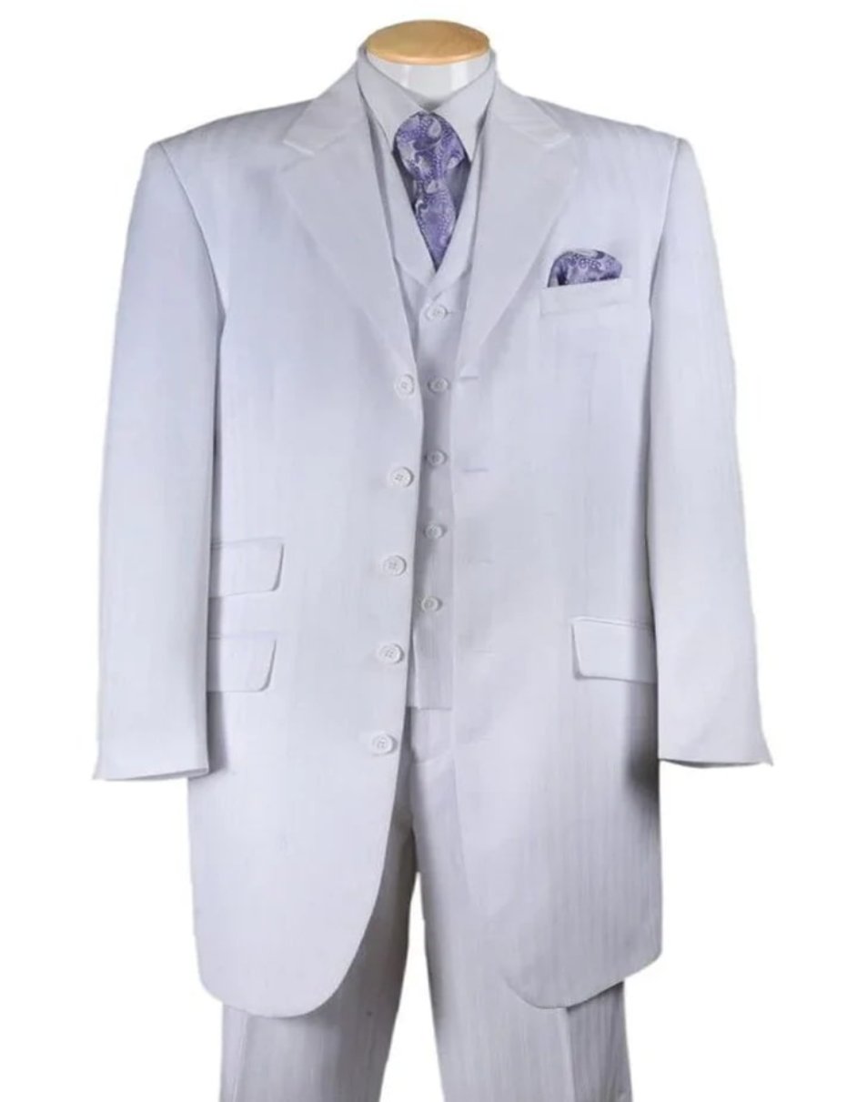 White Wedding Suit For Men - Perfect For Groom - Mens Long Fashion Vested Tonal Pinstripe Zoot Suit In White - Men's Tuxedo USA